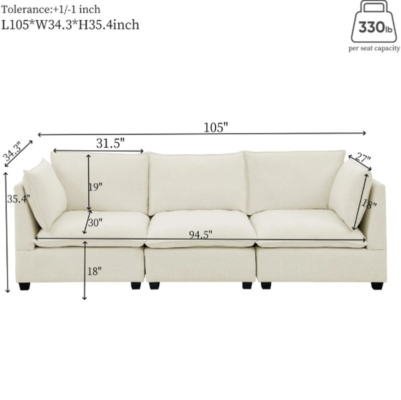 2-Piece Chenille Fabric Upholstered Living Room Furniture Set, Including 3-Seater Sofa and Loveseat Sofa with Seat and Back Cushion Beige White