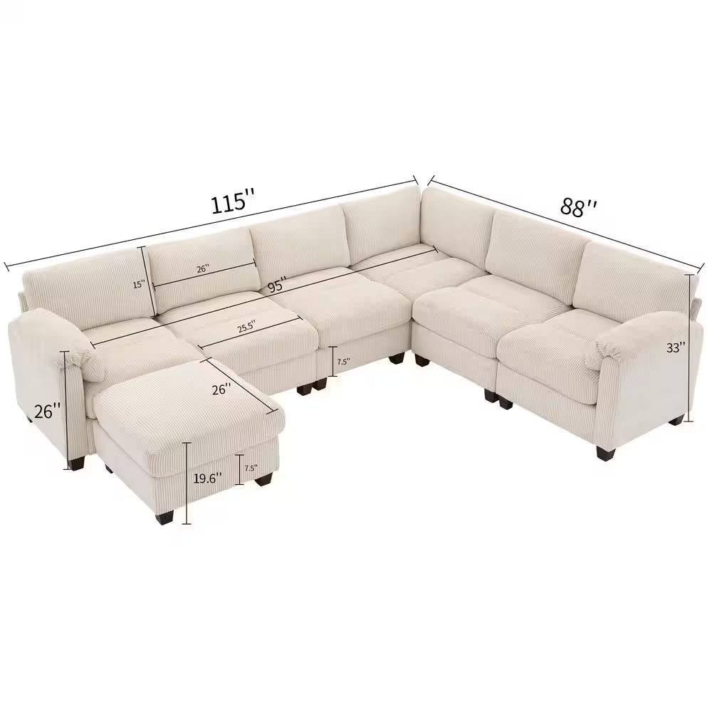 115 In. Corduroy Modular L-Shaped Beige 7-Seat Sectional Sofa for Living Room and Spacious Space