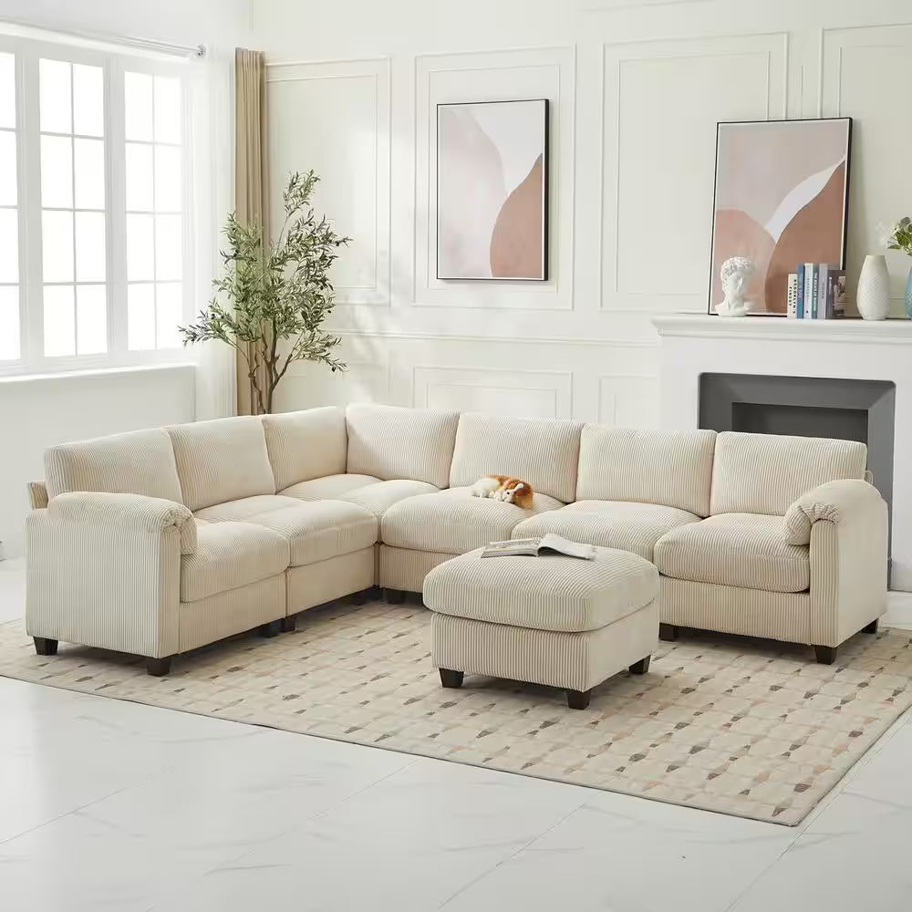 115 In. Corduroy Modular L-Shaped Beige 7-Seat Sectional Sofa for Living Room and Spacious Space
