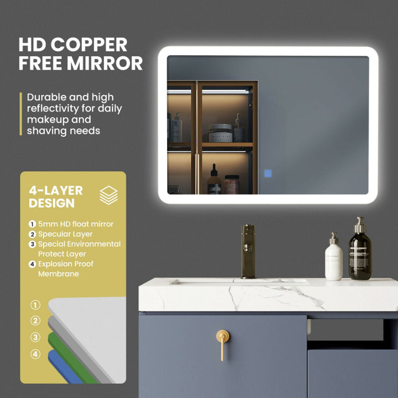 "Stylish LED Touch-Activated Wall-Mounted Bathroom Mirror with Rounded Arc Corners"