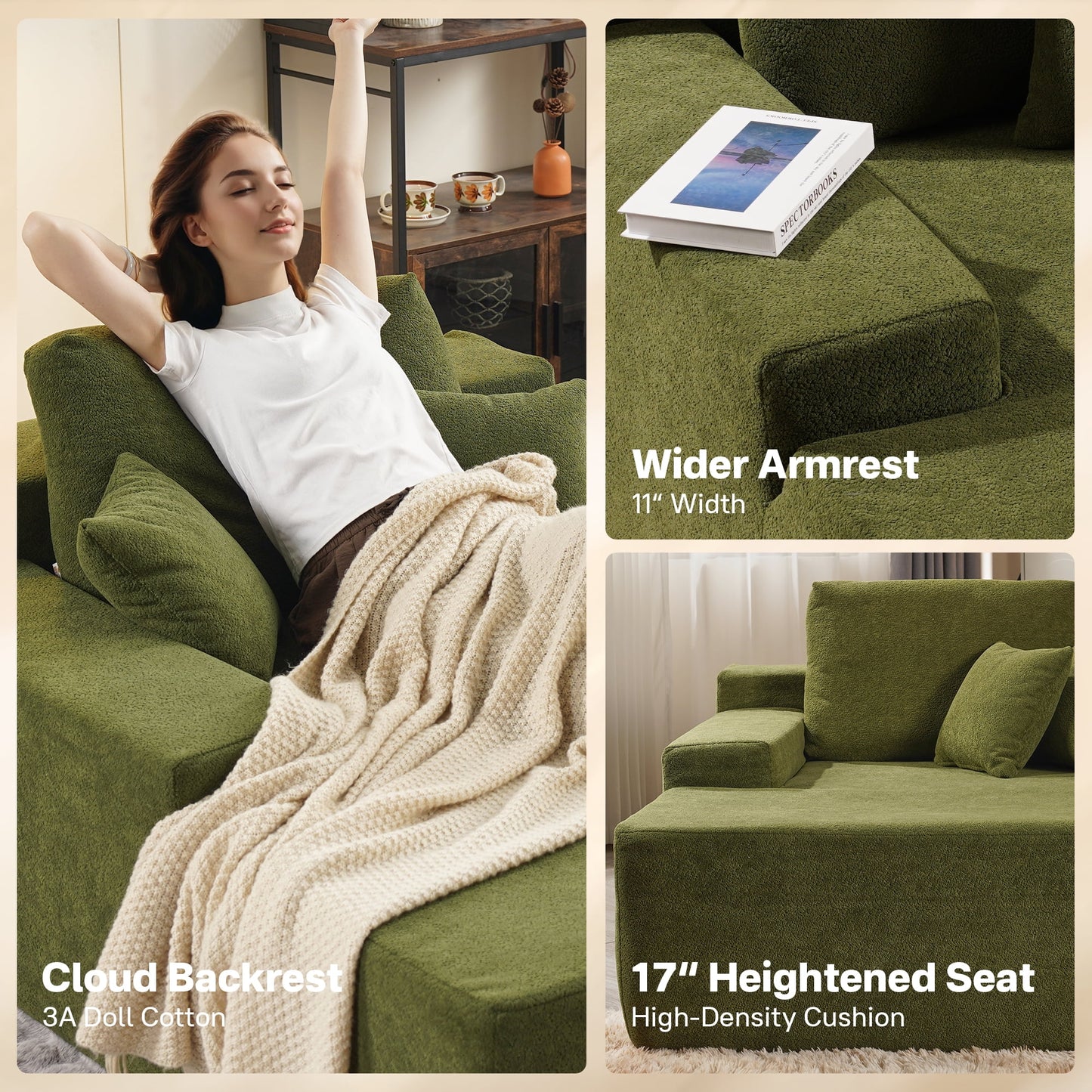 81" Modular Sectional Sofa Couch Sherpa Chaise Lounge Loveseat Sofa Bed Oversized Upholstered Sleeper Sofa for Living Room and Bedroom, Green