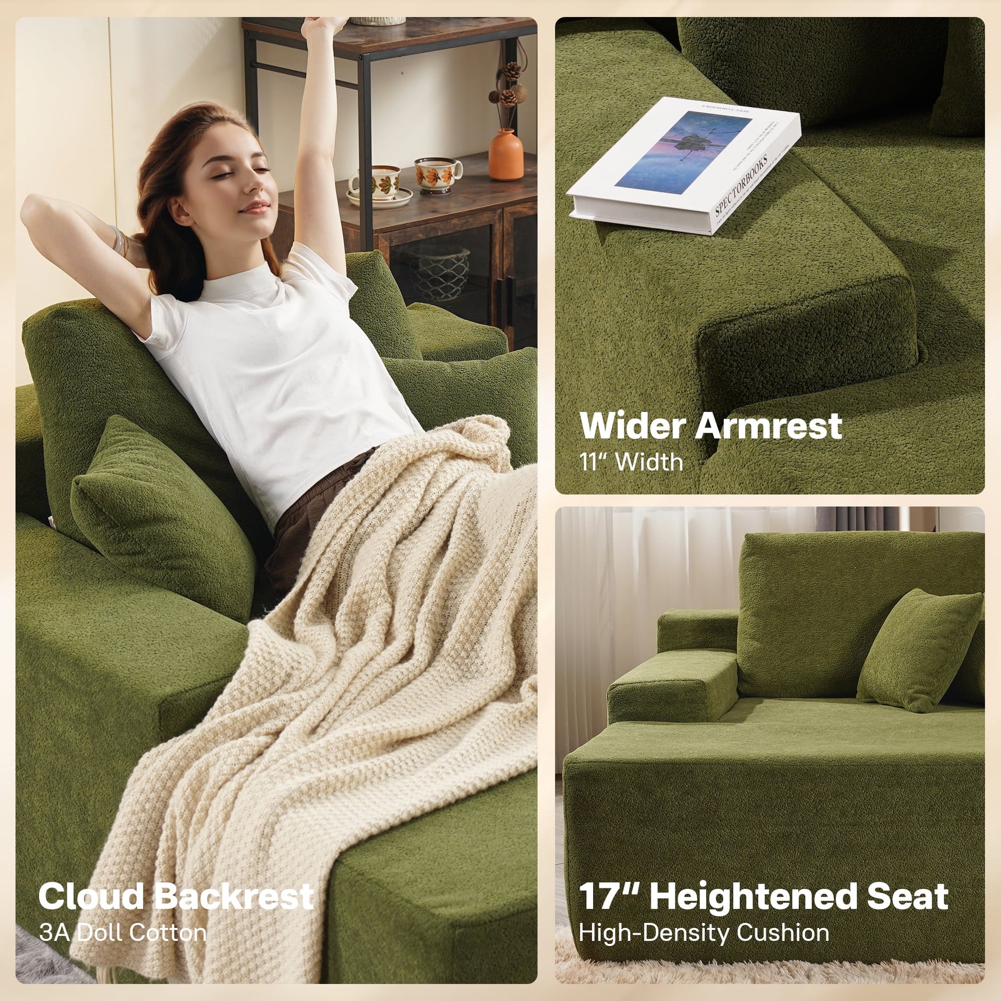 81" Modular Sectional Sofa Couch Sherpa Chaise Lounge Loveseat Sofa Bed Oversized Upholstered Sleeper Sofa for Living Room and Bedroom, Green
