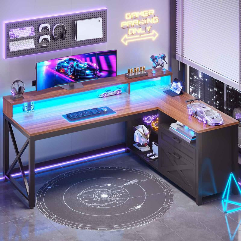 SEDETA L Shaped Gaming Desk, 55" Corner Computer Desk with Drawers, Home Office Desk with Printer Storage Shelves, Monitor Stand and LED Lights Study Organizing