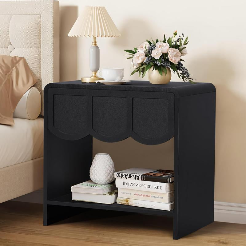 Giratree Night Stand Set of 2, Mid Century Modern Farmhouse Wood Nightstand with Wave Panel Drawer, Bed Side End Table for Small Space, Living Room