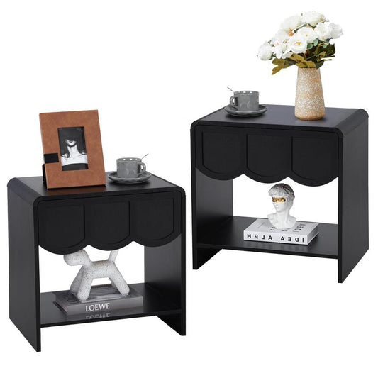 Giratree Night Stand Set of 2, Mid Century Modern Farmhouse Wood Nightstand with Wave Panel Drawer, Bed Side End Table for Small Space, Living Room