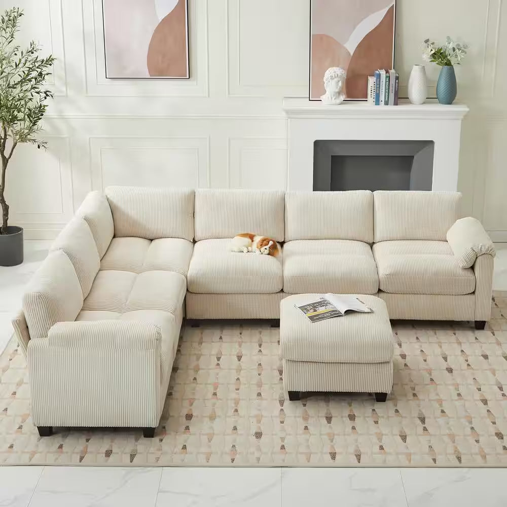 115 In. Corduroy Modular L-Shaped Beige 7-Seat Sectional Sofa for Living Room and Spacious Space