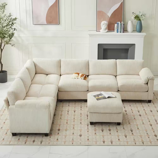 115 In. Corduroy Modular L-Shaped Beige 7-Seat Sectional Sofa for Living Room and Spacious Space