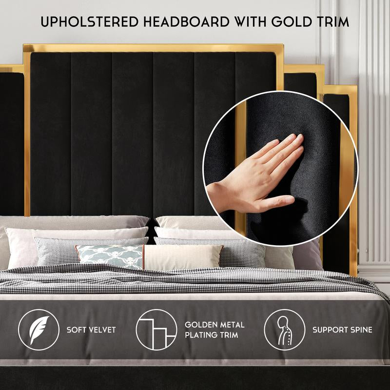 AMERLIFE Bed Frame with 65" Headboard, Upholstered Platform Bed with Golden Plating Trim, Modern Luxury Bed Frame, No Box Spring Needed/No Mattress/Queen/King//Unique Bedroom Furniture