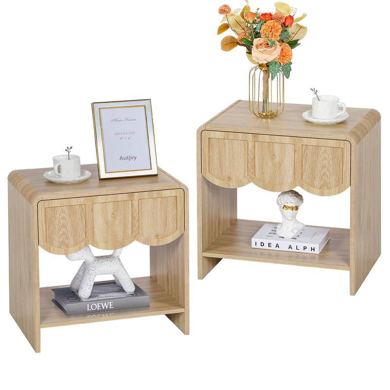 Giratree Night Stand Set of 2, Mid Century Modern Farmhouse Wood Nightstand with Wave Panel Drawer, Bed Side End Table for Small Space, Living Room