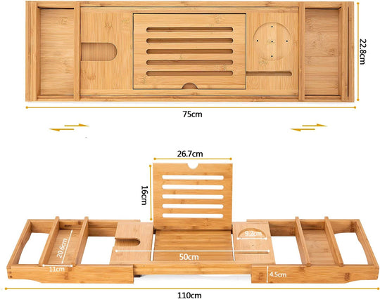 "Luxury Bamboo Bathtub Caddy Tray with Extendable Sides, Wine Glass Holder & Free Soap Dish – Perfect for Relaxation!"