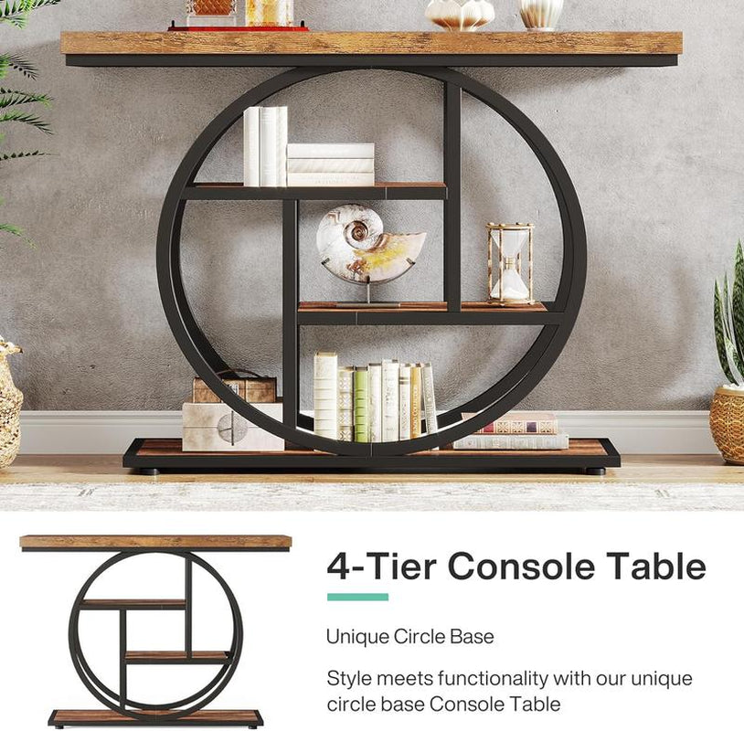 Tribesigns 41.3" Industrial Console Table: 4-Tier Entryway Table with Circle Base, Narrow Accent Tables with Storage Shelves, Rustic Brown
