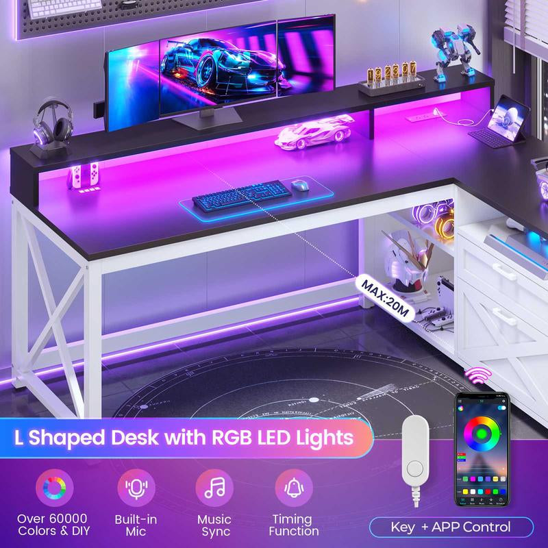 SEDETA L Shaped Gaming Desk, 55" Corner Computer Desk with Drawers, Home Office Desk with Printer Storage Shelves, Monitor Stand and LED Lights Study Organizing