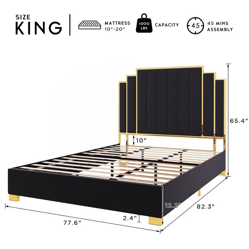 AMERLIFE Bed Frame with 65" Headboard, Upholstered Platform Bed with Golden Plating Trim, Modern Luxury Bed Frame, No Box Spring Needed/No Mattress/Queen/King//Unique Bedroom Furniture
