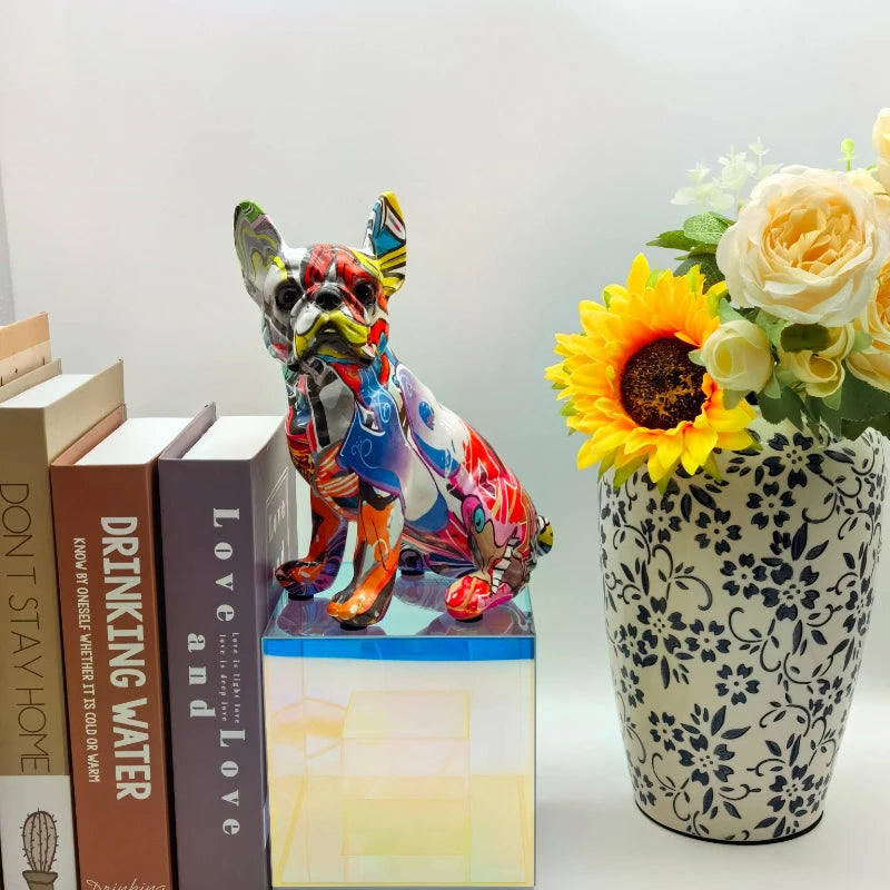 "Vibrant French Bulldog Resin Statue - Unique DIY Graffiti Pet Decor for Your Desktop!"