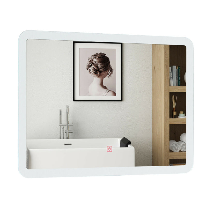 "Stylish LED Touch-Activated Wall-Mounted Bathroom Mirror with Rounded Arc Corners"