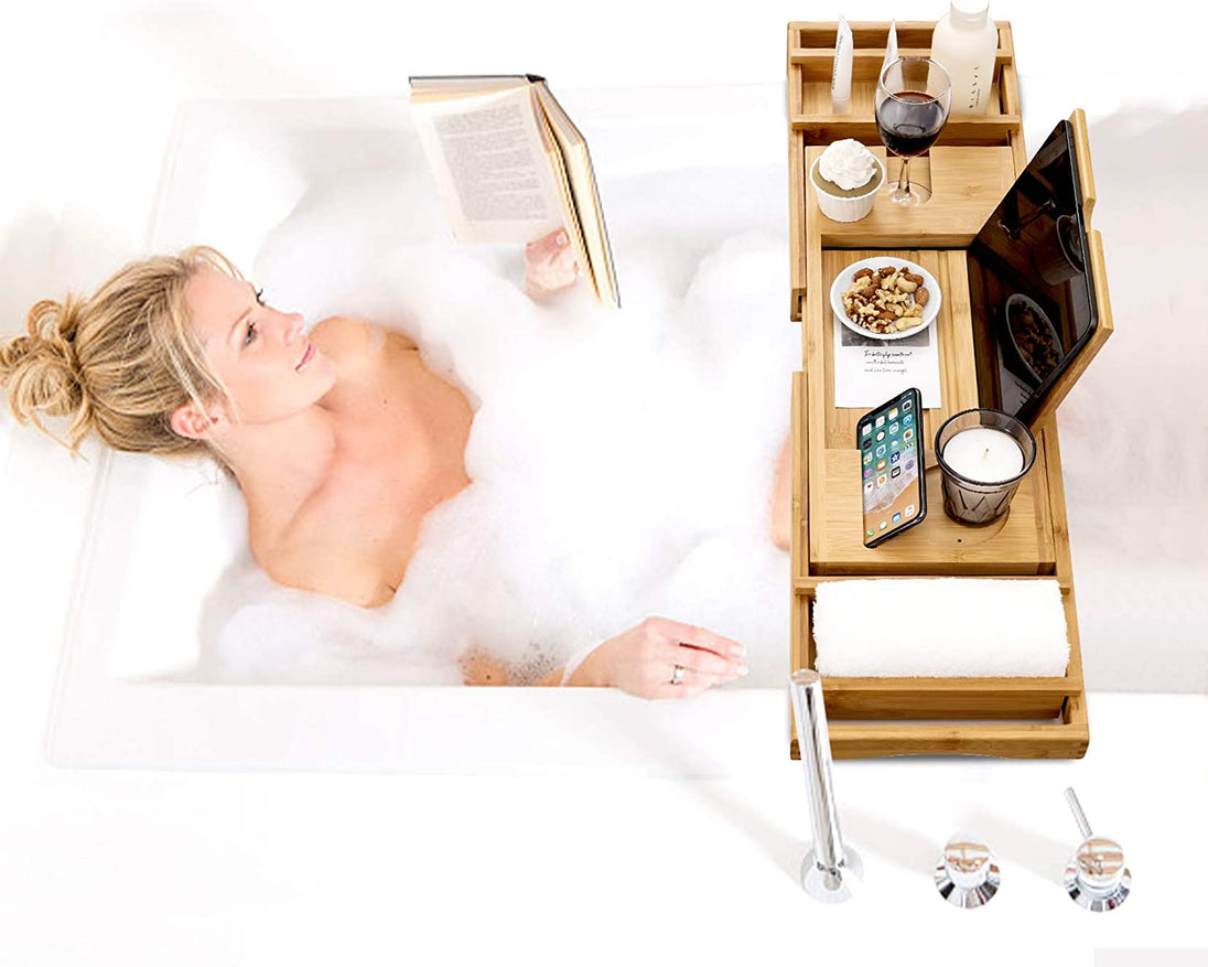 "Luxury Bamboo Bathtub Caddy Tray with Extendable Sides, Wine Glass Holder & Free Soap Dish – Perfect for Relaxation!"