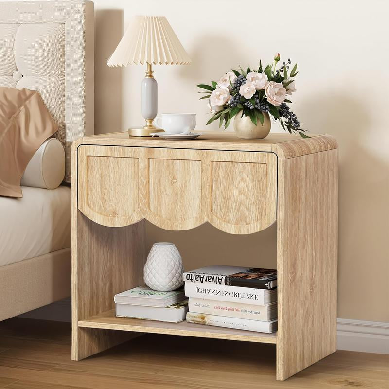 Giratree Night Stand Set of 2, Mid Century Modern Farmhouse Wood Nightstand with Wave Panel Drawer, Bed Side End Table for Small Space, Living Room