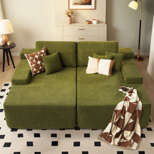 81" Modular Sectional Sofa Couch Sherpa Chaise Lounge Loveseat Sofa Bed Oversized Upholstered Sleeper Sofa for Living Room and Bedroom, Green