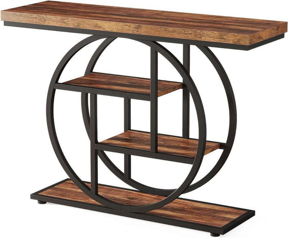 Tribesigns 41.3" Industrial Console Table: 4-Tier Entryway Table with Circle Base, Narrow Accent Tables with Storage Shelves, Rustic Brown