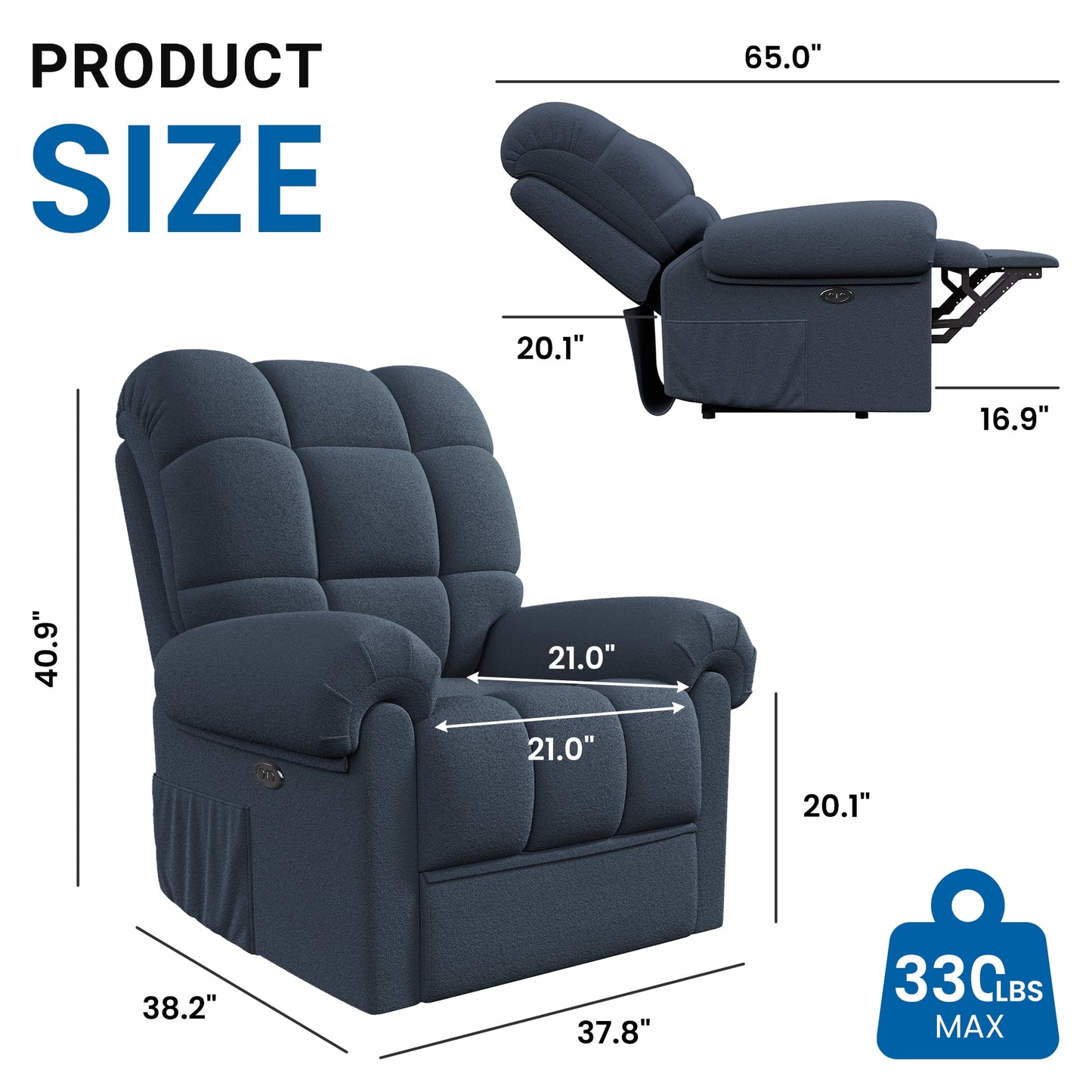 Power Recliner Chair for Adults,Adjustable Electric Recliner Sofa Chair with USB Port,Comfy Teddy Fleece Cloud Sofa,Tool-Free Setup,Blue Grey