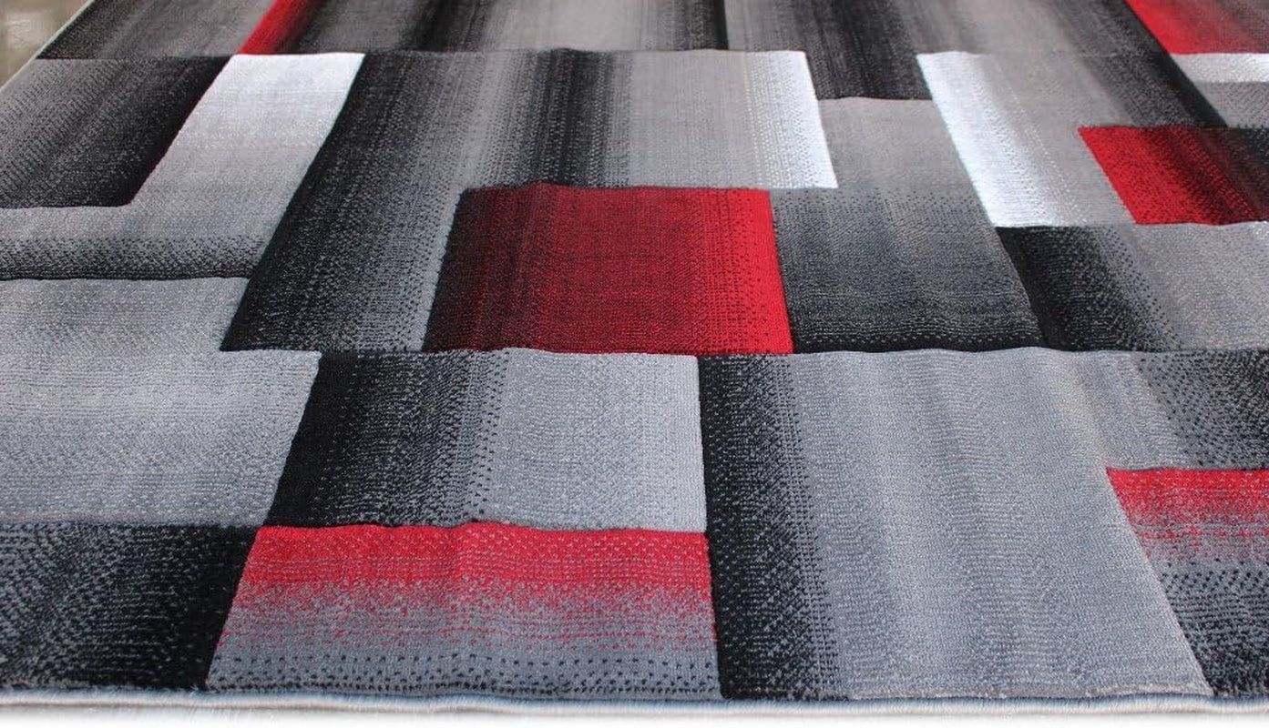 , Modern Contemporary Area Rug, Red Grey Black (8 Feet X 10 Feet)
