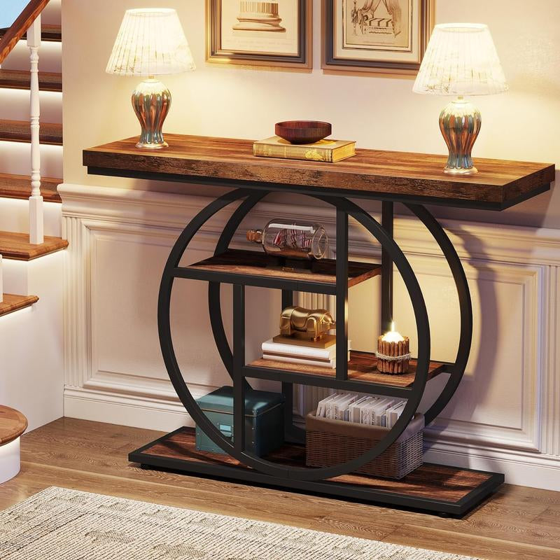 Tribesigns 41.3" Industrial Console Table: 4-Tier Entryway Table with Circle Base, Narrow Accent Tables with Storage Shelves, Rustic Brown
