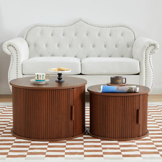 Giratree Coffee Table, Modern round Coffee Table Set of 2 with Storage Compartment and Sliding Door, Side End Accent Table for Living Room, Bedroom, Apartment
