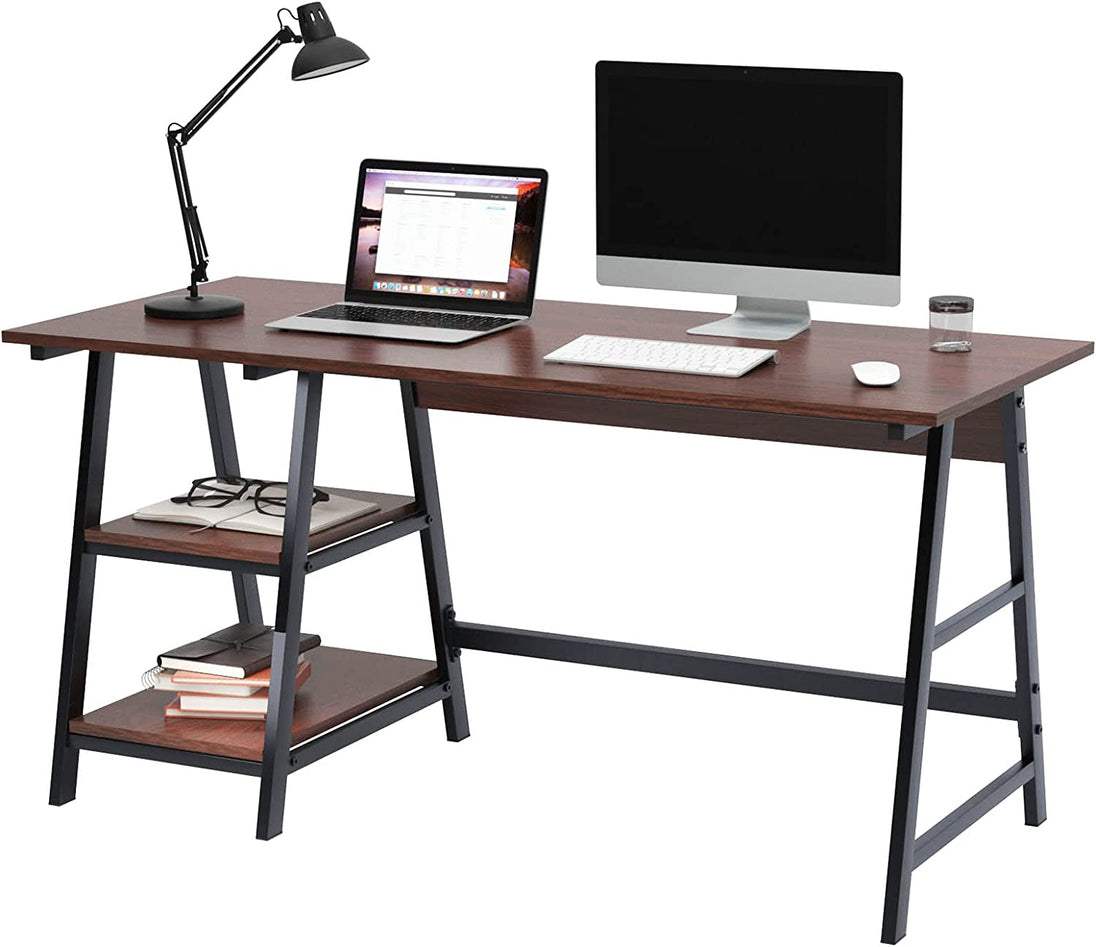 "Stylish 55-Inch Red Walnut Computer Desk with Shelf - Perfect Office Workstation!"