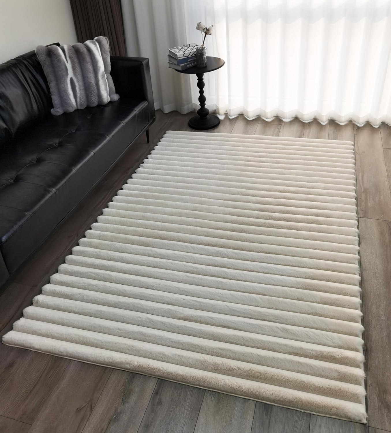 Area Rugs Striped Soft Faux Rabbit Fur Rug 5X7 Becky Beige Plush Carpet Shag Cozy Fluffy Rug Non Slip Rugs, Machine Washable Shaggy Area Rug Bedroom Living Room and Dining Room.