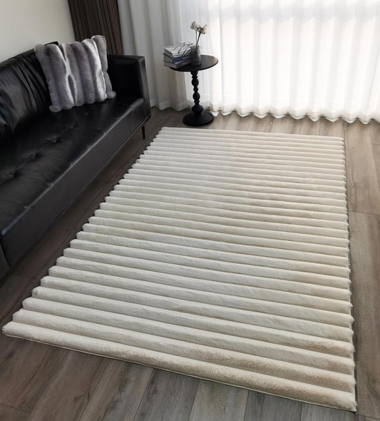 Area Rugs Striped Soft Faux Rabbit Fur Rug 5X7 Becky Beige Plush Carpet Shag Cozy Fluffy Rug Non Slip Rugs, Machine Washable Shaggy Area Rug Bedroom Living Room and Dining Room.