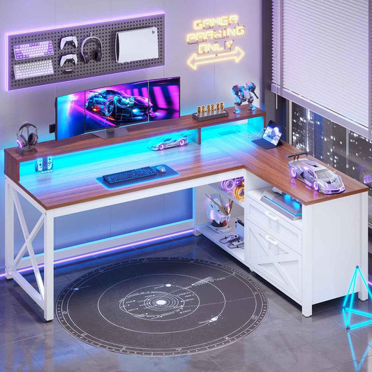 SEDETA L Shaped Gaming Desk, 55" Corner Computer Desk with Drawers, Home Office Desk with Printer Storage Shelves, Monitor Stand and LED Lights Study Organizing