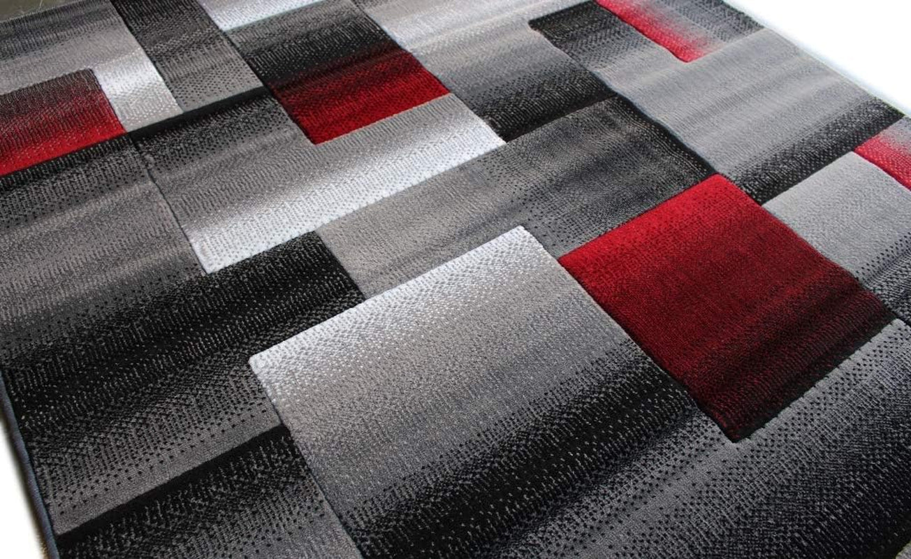 , Modern Contemporary Area Rug, Red Grey Black (8 Feet X 10 Feet)