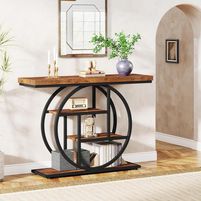 Tribesigns 41.3" Industrial Console Table: 4-Tier Entryway Table with Circle Base, Narrow Accent Tables with Storage Shelves, Rustic Brown