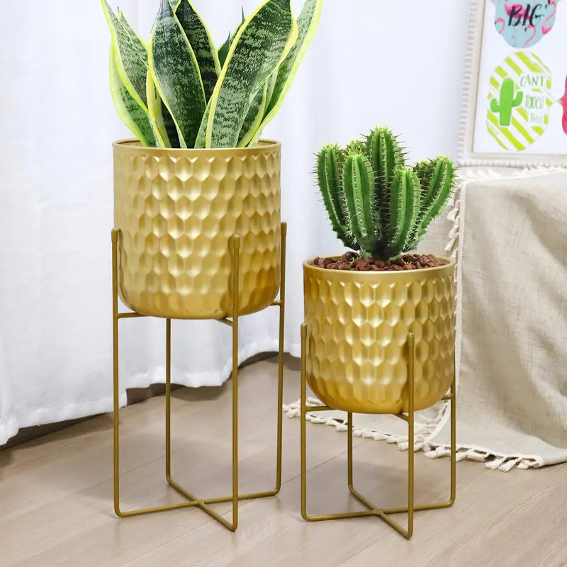 "Elegant Gold Tall Planters Set - 17" & 12" with Stylish Stands for Stunning Home Decor"