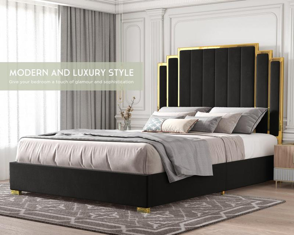 AMERLIFE Bed Frame with 65" Headboard, Upholstered Platform Bed with Golden Plating Trim, Modern Luxury Bed Frame, No Box Spring Needed/No Mattress/Queen/King//Unique Bedroom Furniture