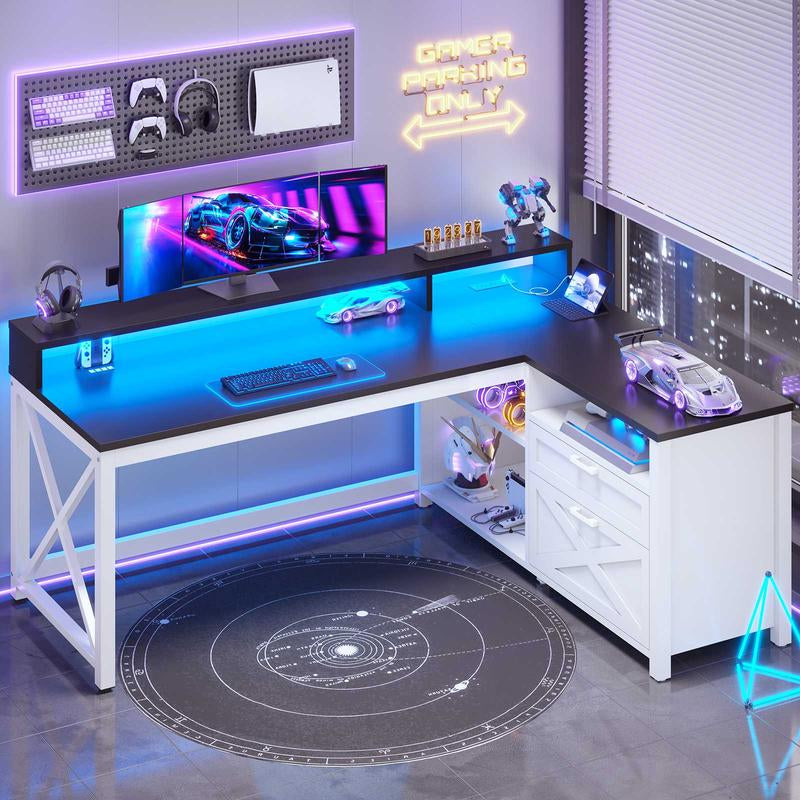 SEDETA L Shaped Gaming Desk, 55" Corner Computer Desk with Drawers, Home Office Desk with Printer Storage Shelves, Monitor Stand and LED Lights Study Organizing