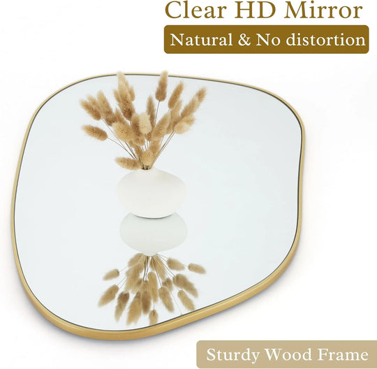 Irregular Wall Mirror Asymmetrical Mirror, 28''X20'' Golden Wood Framed Mirror for Bathroom Bedroom Living Room Entryway