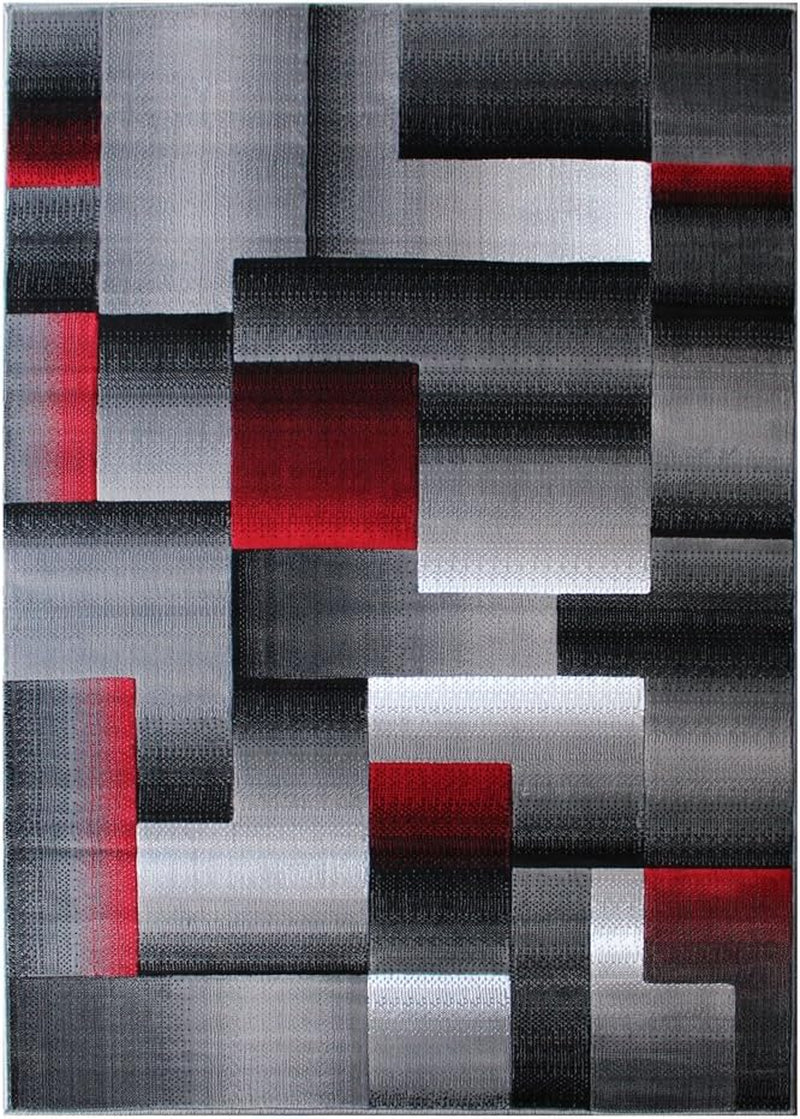 , Modern Contemporary Area Rug, Red Grey Black (8 Feet X 10 Feet)