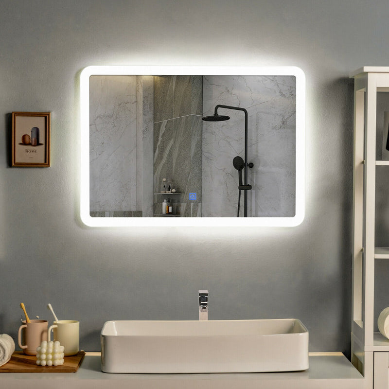 "Stylish LED Touch-Activated Wall-Mounted Bathroom Mirror with Rounded Arc Corners"