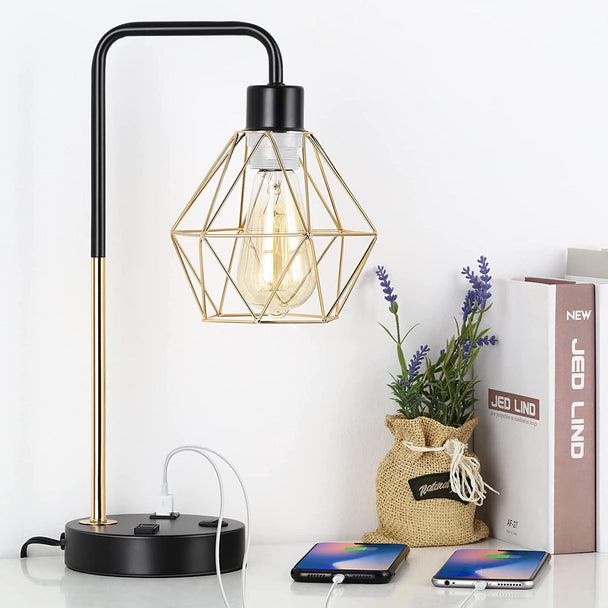 Industrial USB Desk Lamp, Edison Desk Lamp Gold Metal Cage Table Lamp with 2 USB Ports and 1 AC Outlet Vintage Bedside Nightstand Lamp for Bedroom, Living Room, Office (Gold)