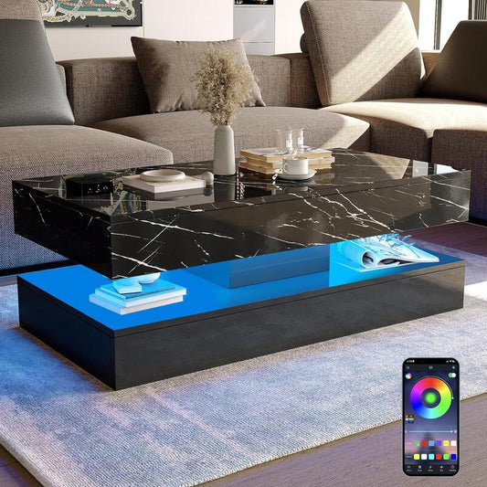 LED Coffee Table with 2 Storage Drawers, Modern High Gloss White Coffee Table W/20 Colors LED Lights, 2 Tiers Rectangle Center Table for Living Room with Marbling Print, APP Control, White