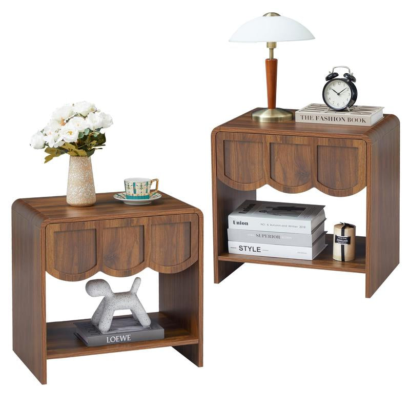 Giratree Night Stand Set of 2, Mid Century Modern Farmhouse Wood Nightstand with Wave Panel Drawer, Bed Side End Table for Small Space, Living Room