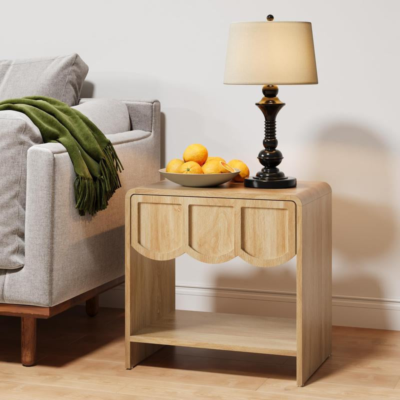 Giratree Night Stand Set of 2, Mid Century Modern Farmhouse Wood Nightstand with Wave Panel Drawer, Bed Side End Table for Small Space, Living Room