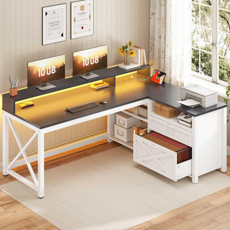 SEDETA L Shaped Gaming Desk, 55" Corner Computer Desk with Drawers, Home Office Desk with Printer Storage Shelves, Monitor Stand and LED Lights Study Organizing