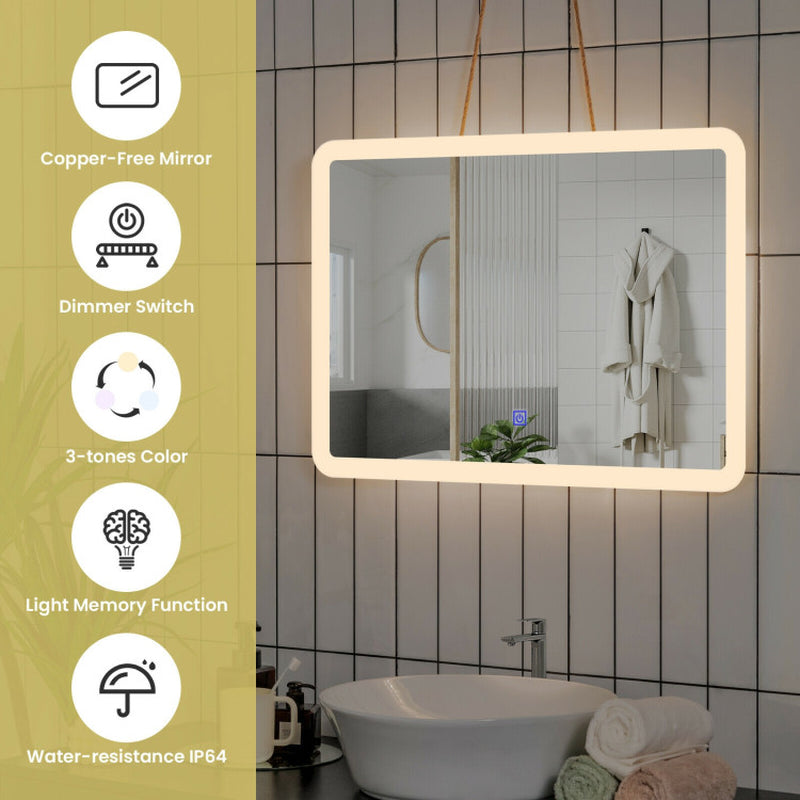 "Stylish LED Touch-Activated Wall-Mounted Bathroom Mirror with Rounded Arc Corners"