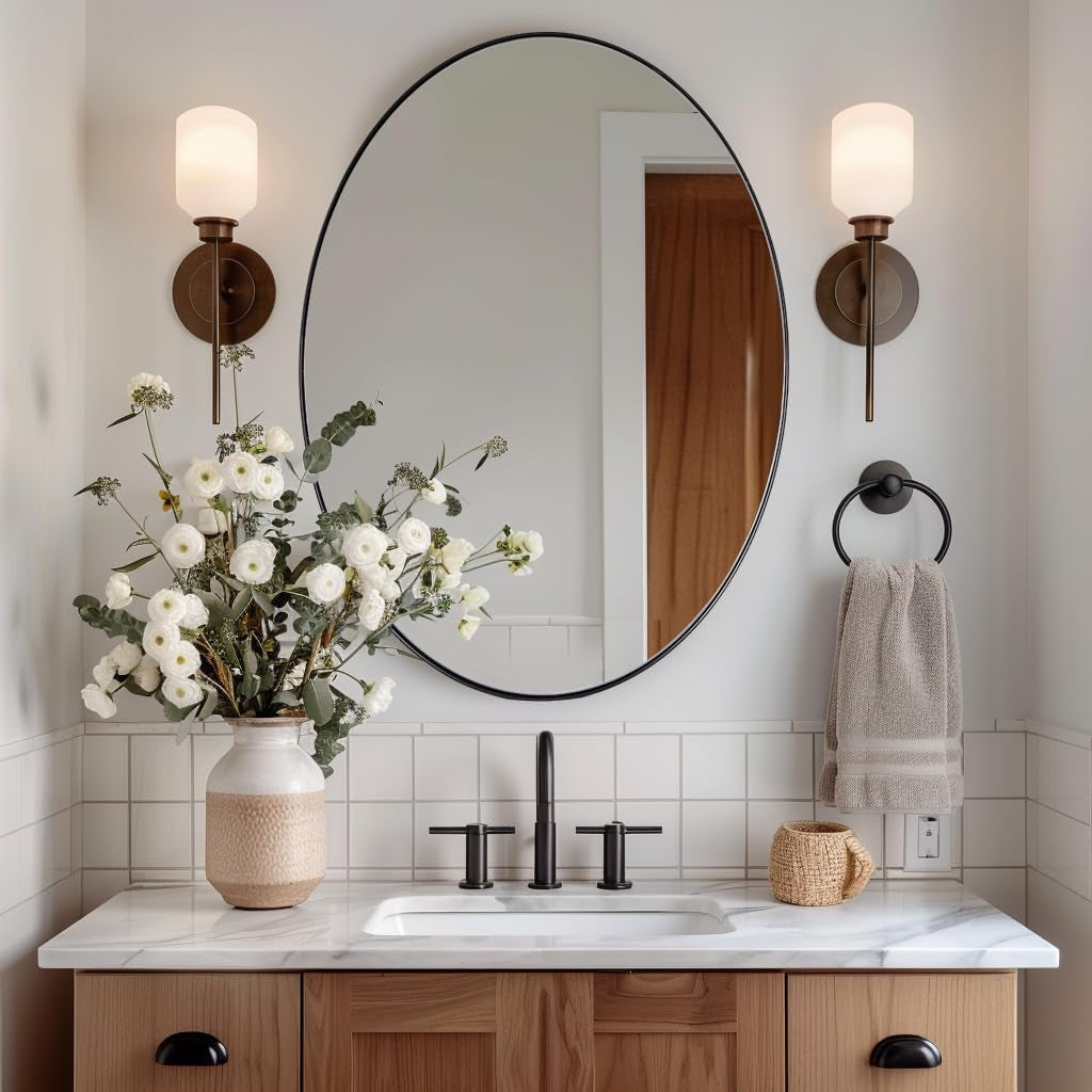 Oval Bathroom Mirror, Black Oval Mirror for Bathroom, Oval Vanity Mirror for Bathroom, 20X28’’ Oval Wall Mirror Pill Shaped Mirror Stainless Steel Frame Wall Mount Horizontal or Vertical