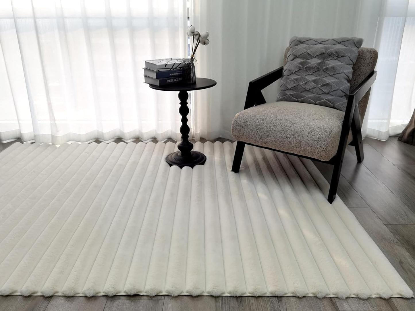 Area Rugs Striped Soft Faux Rabbit Fur Rug 5X7 Becky Beige Plush Carpet Shag Cozy Fluffy Rug Non Slip Rugs, Machine Washable Shaggy Area Rug Bedroom Living Room and Dining Room.