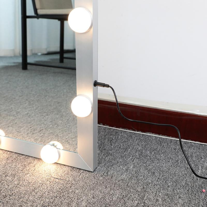 LED against Wall Full Length Mirror with Vanity Lights for Body Dressing, Bedroom Hanging Standing Mirror with Silver Aluminum Alloy Frame Decor