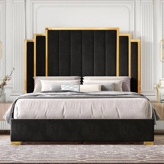 AMERLIFE Bed Frame with 65" Headboard, Upholstered Platform Bed with Golden Plating Trim, Modern Luxury Bed Frame, No Box Spring Needed/No Mattress/Queen/King//Unique Bedroom Furniture