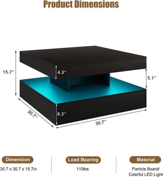 "Modern LED Coffee Table with Storage - Smart Tall Square Center Table with 20 Color Options & 2-Tier Display Shelf"